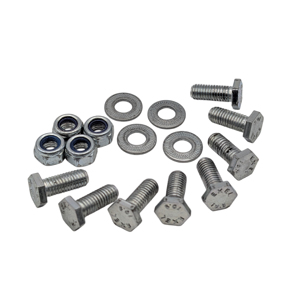 Set of metal bolts and washers on a white background