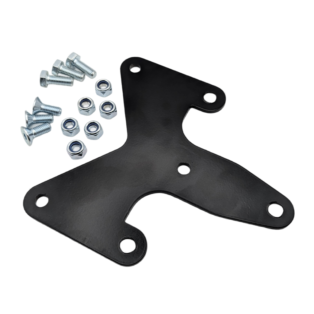 Black metal bracket with screws on a white background