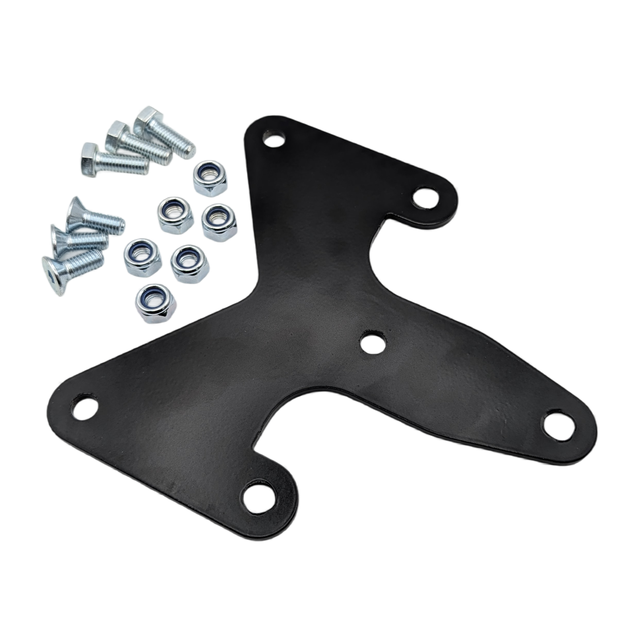 Black metal bracket with screws on a white background