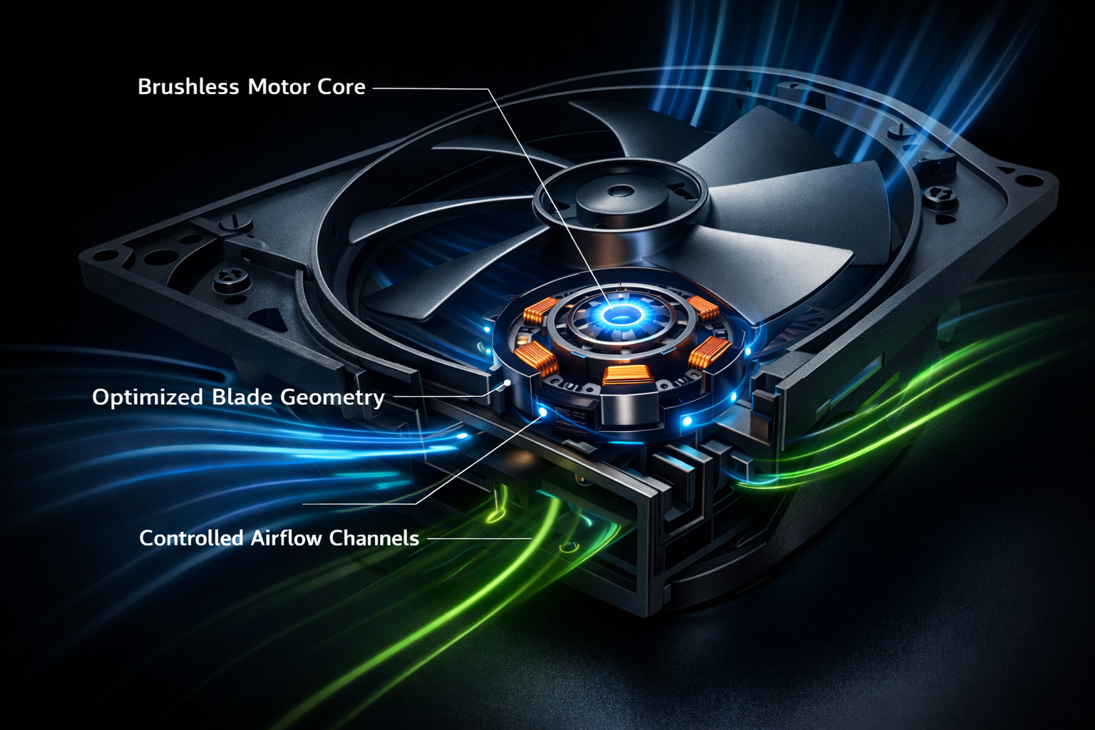 ProBreeze fan with labeled components on a dark background