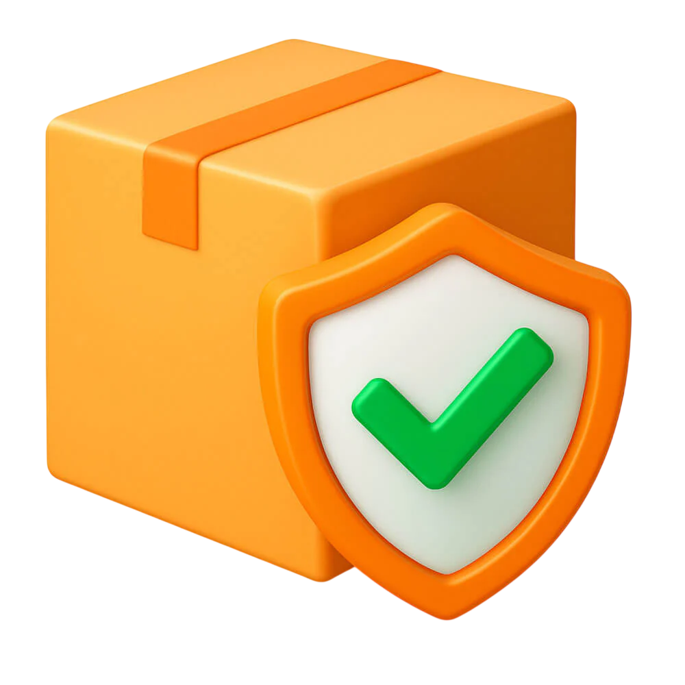 Orange block with a white shield featuring a green check mark on a white background