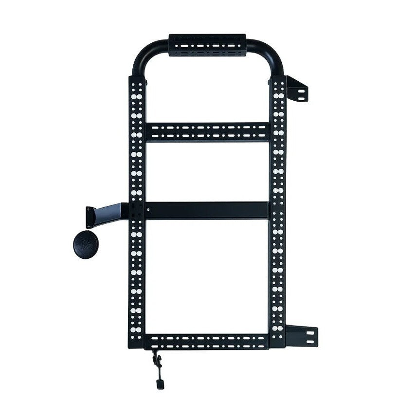 Black metal frame with adjustable arms on a white background