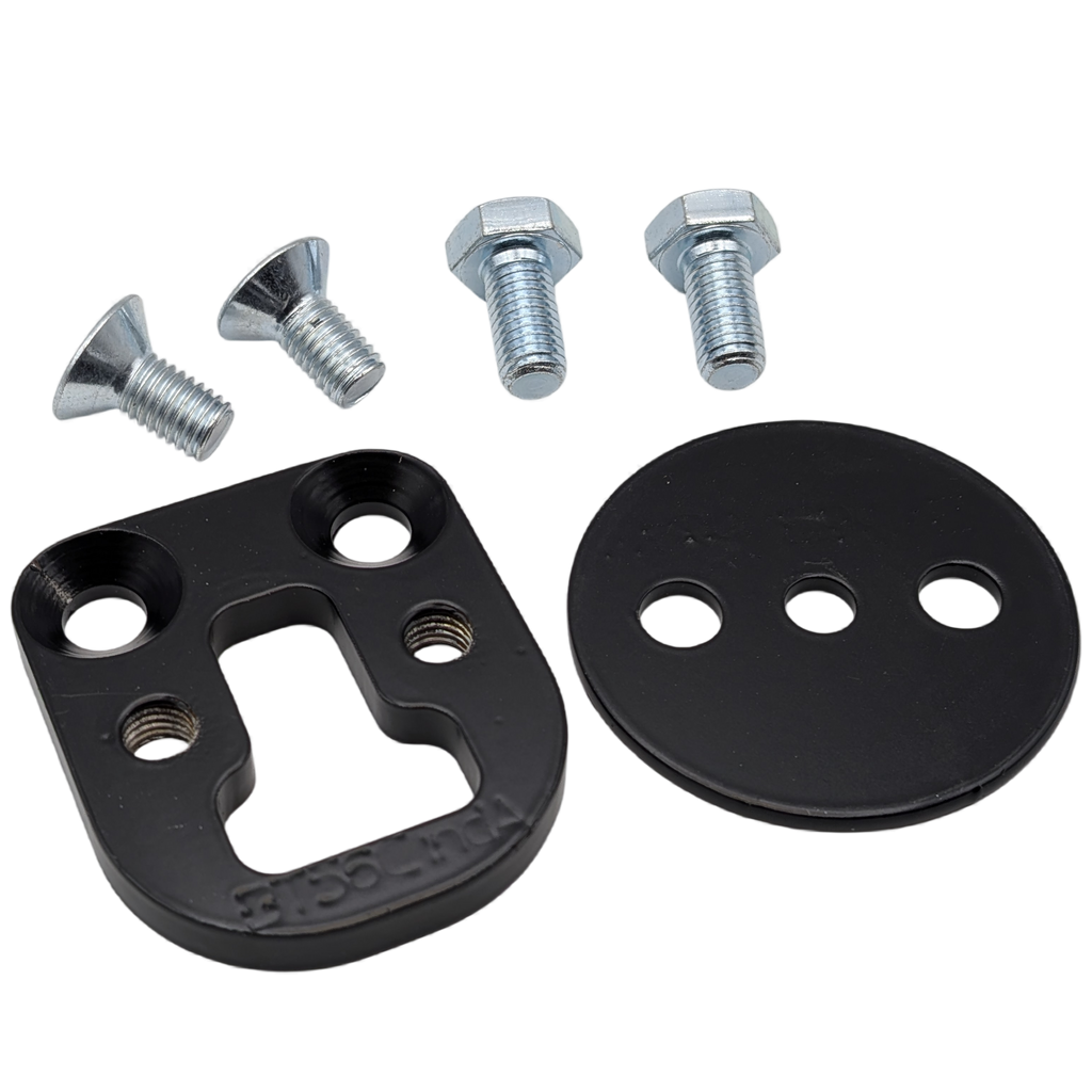 Black metal bracket with screws on a white background