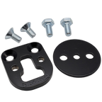 Black metal bracket with screws on a white background
