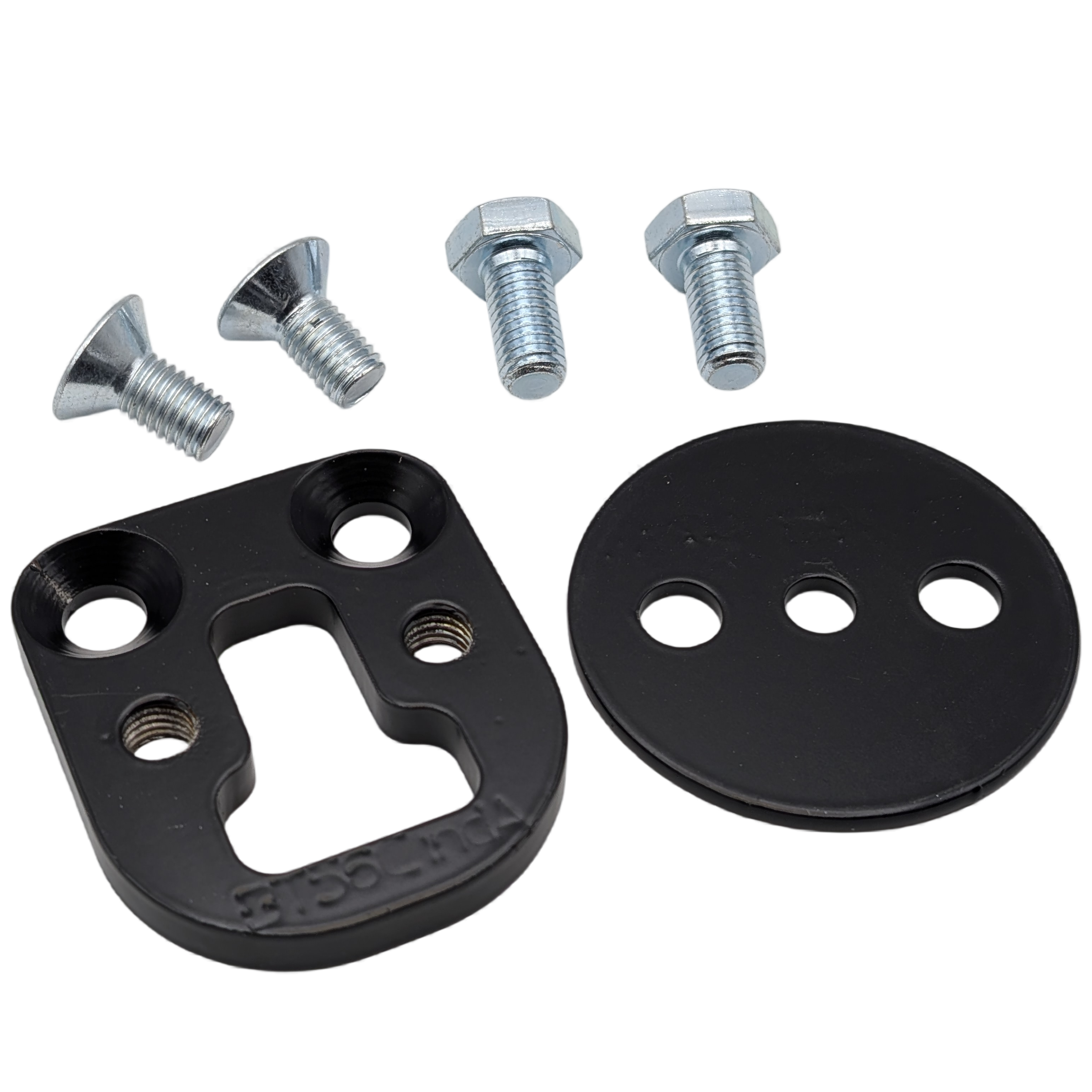 Black metal bracket with screws on a white background