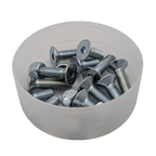 Bowl filled with metal screws on a white background