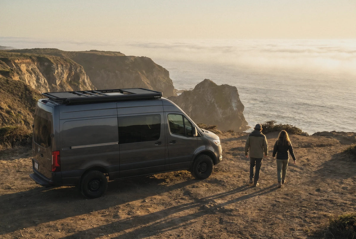 A dark gray camper van with a roof rack is parked on a cliffside road overlooking the ocean, with two people walking nearby on a sunny coastal day.
