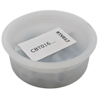 Clear plastic container with a label inside on a white background