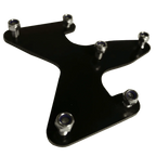 Black metal bracket with multiple screws on a white background